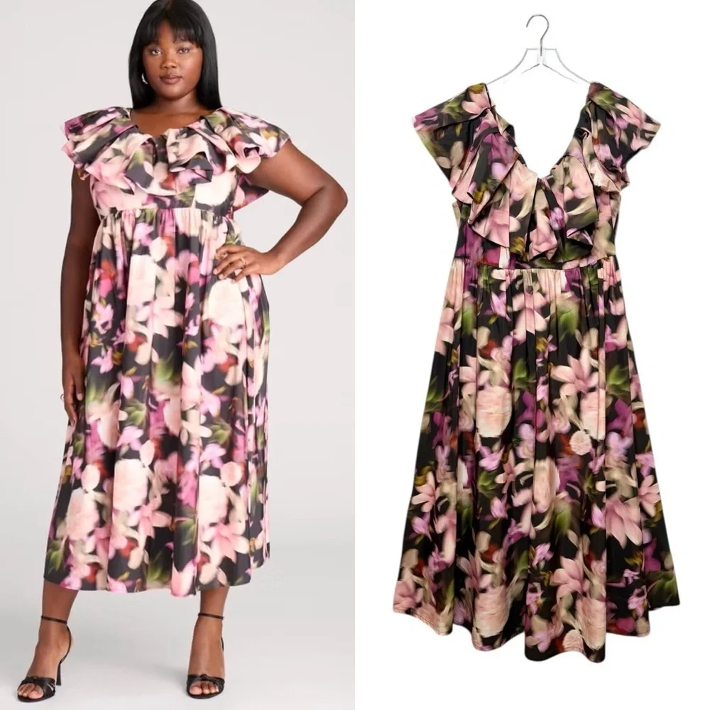 ELOQUII Ruffle Neckline Pink Moody Floral Women’s Midi Dress Sz 16